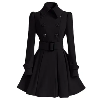 

Women Vintage Woolen Coat Winter Warm Windbreaker England Fashion Black Swing Hem Belt Slim Elegant Retro White Wool Overcoat
