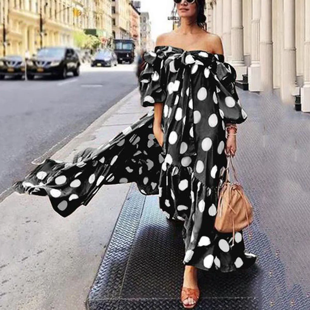 

2019 Plus Sze Boho Dress Women Summer Polka Dot Print Slash Neck Long Maxi Dress Ladies Cold Shoulder Ruffle Bow Dress Vestidos
