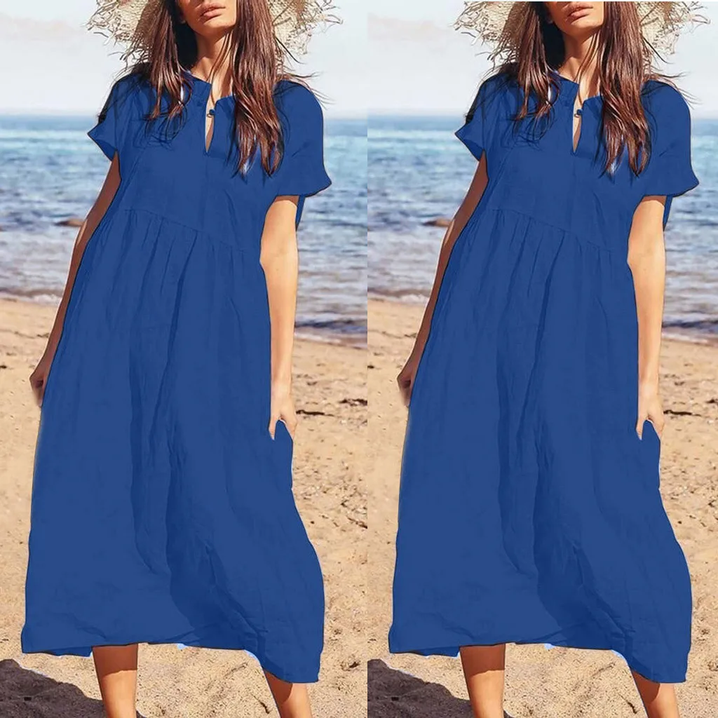 TELOTUNY Short Sleeve Solid Women Dress Fashion Turn-Down Collar Summer Beach Sundress Women's Casual Long Dresses 19L0625