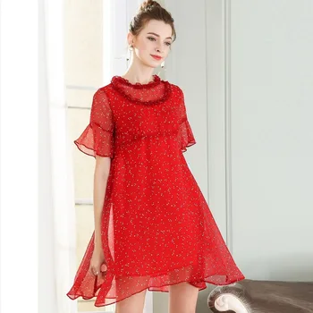 

2018Summer Ladies polka dot cute red chiffon Dress flare sleeves empire flare dress casual vestidos Plus Size tunics M-XXXXXL5XL