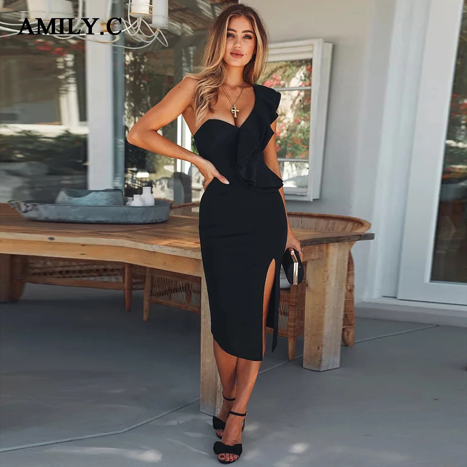 

Amily.c 2019 New Sexy Black Split Dress Women's Bodycon Dress Club Ruffled Shoulder Bandage Dress Fashion Sexy Party Dress
