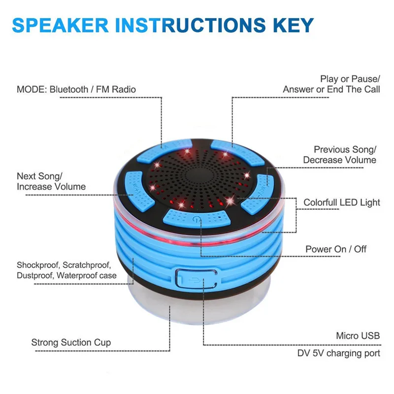 Портативный мини Bluetooth динамик водонепроницаемый FM радио светодиодный душ для