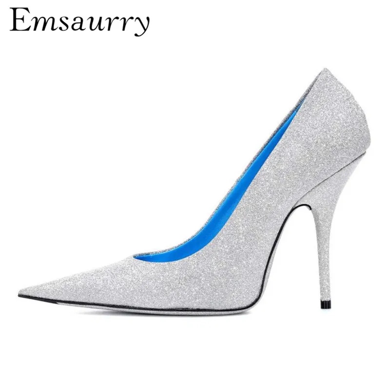 

New Spring 2019 Silver Glitter Women Pumps Thin High Heels Pointed Toes Shallow Shoes OL Style Working Shoes Woman