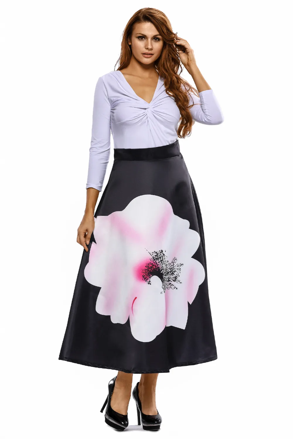 Pleated Womens 2017 Spring Summer New Arrivals Midi formal Sun for Female Big Flower Print Black High Waist Maxi Skirt 65017-2 | Женская
