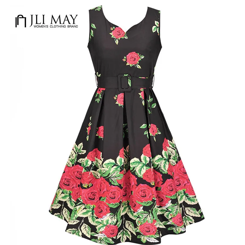 Jli may лето винтаж печати dress женщины элегантный партия цветочные поясом fit flare v