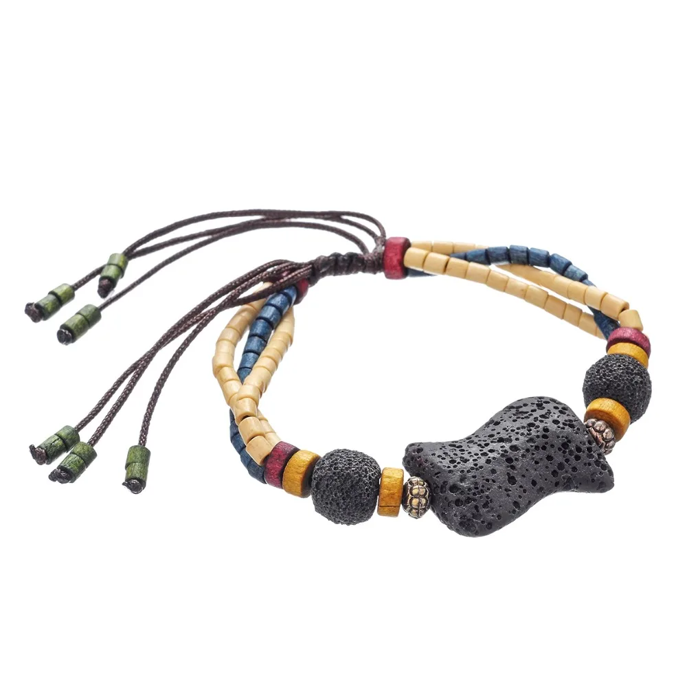 

Sell well Bohemian style bracelets for women diy handmade blue Wood Beads jewelry Bones Pendant Volcanic rocks natural stone