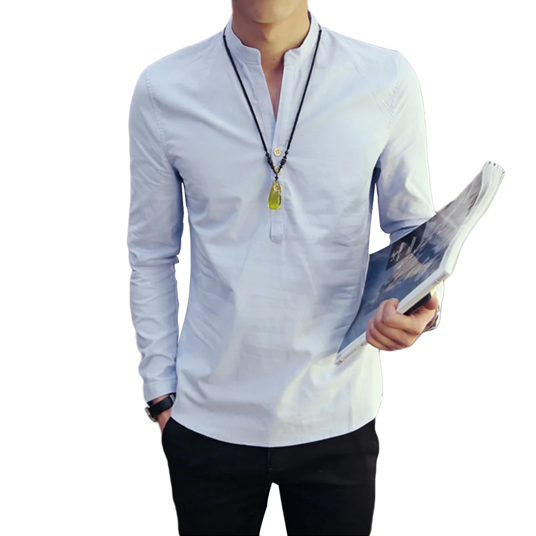 

White Blue T-Shirts Mens Long Sleeve Button Up Linen Tee Shirt Homme Stand Collar Stylish Slim Tshirt Men Brand Clothing