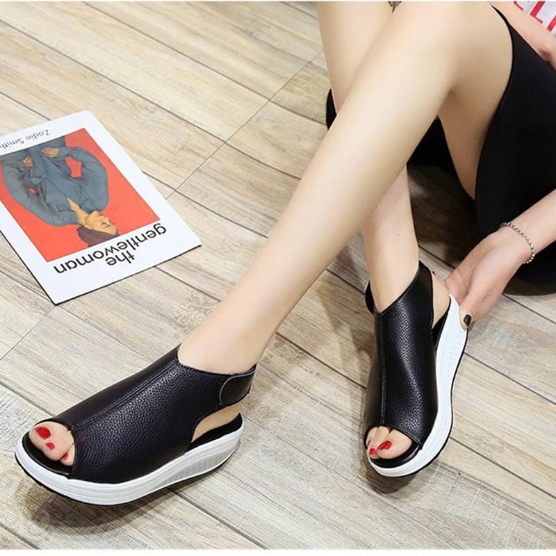 

Summer Sandals Shoes Women High Heels Wedges Platform Shoes Peep Toe Leather Sandals Zapatos De Mujer 2019