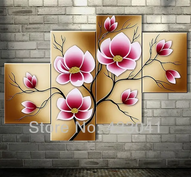 Bright Pink Abstract Flower Oil Paintings Large Canvas Art Cheap Modern 4 Piece Wall Art Set