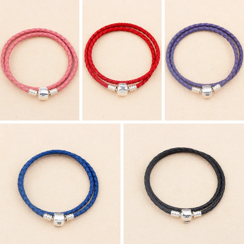 

925 Sterling Silver Pandora Bracelet Snake Barrel Clasp Moments Double Woven Leather Bangle Fit Diy Charm Diy Jewelry