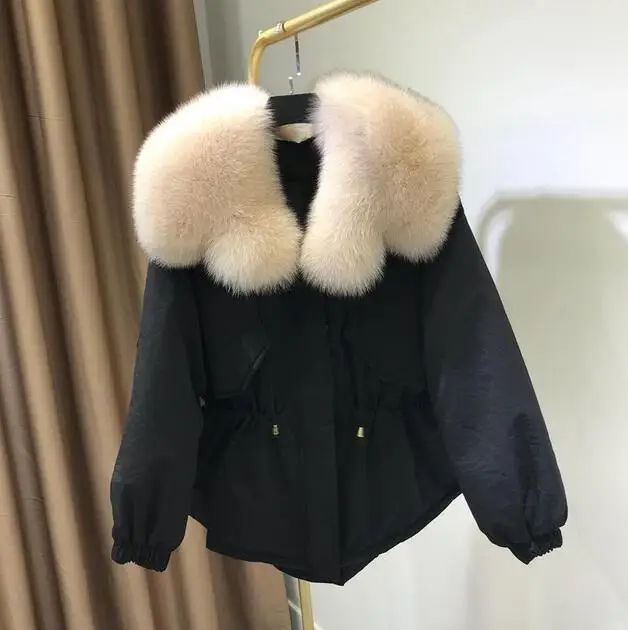 Large Real Fox Fur Collar New Winter Coat Jacket Women Female Loose Short Down Parka Thick Warm 90% White Duck Down Jacket - Цвет: black