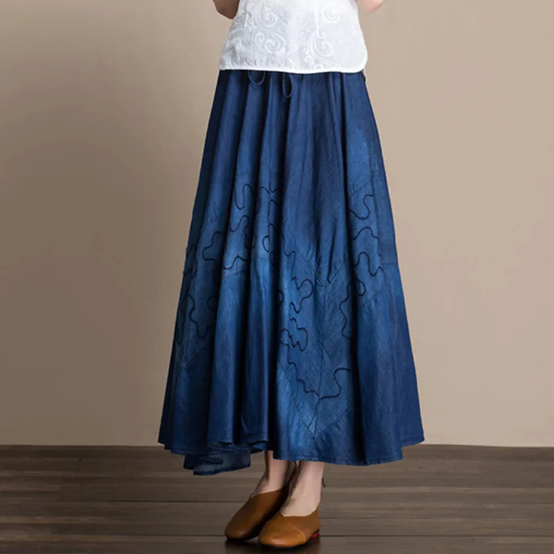

Free Shipping 2019 Fashion Long Maxi Elastic High Waist Denim Skirt For Women A-line Spring And Autumn Embroidery Jeans Skirts