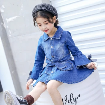 

Girls Denim Jeans Dress With Blets Big Pockets Washed Toddler Girl Clothes Jeans Kids Outwear Bow Tie Flare Sleeve Baby Dress