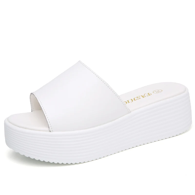 JZZDOWN/летние женские шлепанцы из спилка с открытым носком на толстой подошве; женская обувь на танкетке; черно-белые Тапочки; пляжные сандалии - Цвет: 2060 White