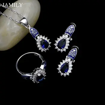 

JAMILY Silver 925 Jewelry Sets For Women Party Accessories Blue And White Cubic Zirconia Stud Earrings/Pendant/Ring/Necklace