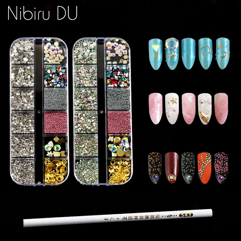 

1 Box Nail Decorations Set with Dotting Pen Flat Back Crystal Multi-size Rhinestones For Nails Art 3D Decoration Manicure Tool