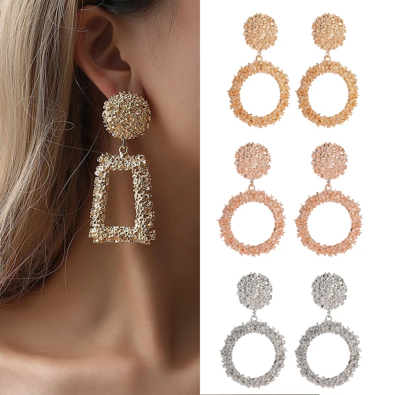 

Big Vintage Earrings For Women Gold Silver Geometric Statement Earring Metallic Pattern Large Circle Earrings Fashion Jewelry