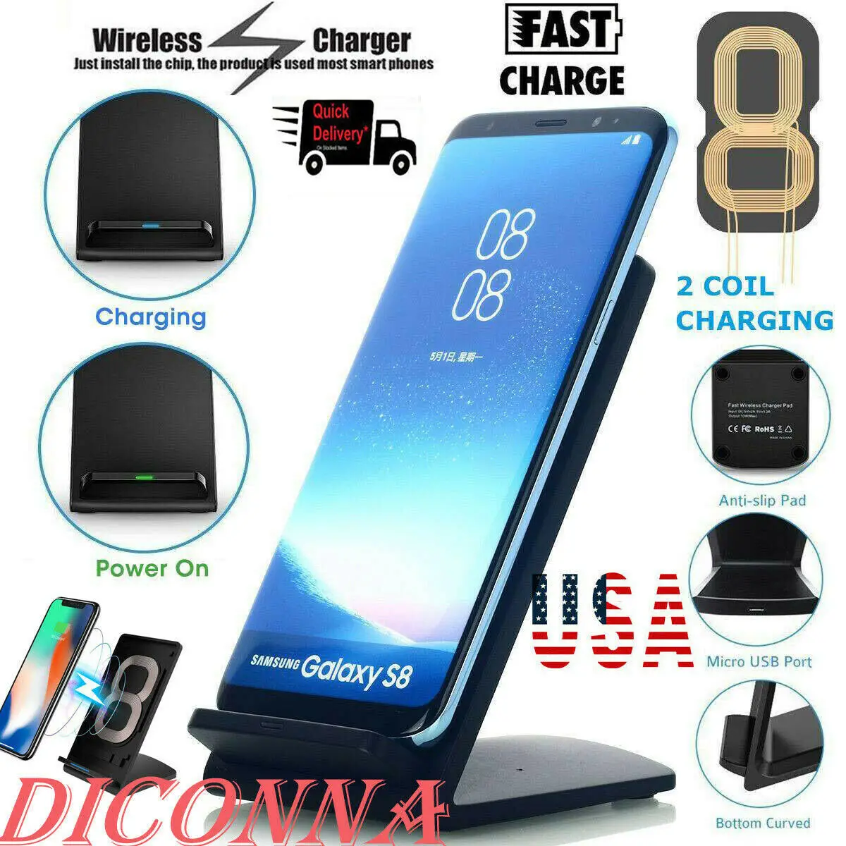 

US Wireless Fast Charging Charger Dock Stand Holder Pad for Cell Phone Samsung
