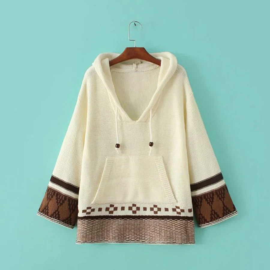 2017 chic boho winter knitted women sweater pullovers ethnic embroidered Nine point sleeve loose Hippie Bohemia Hooded sweaters