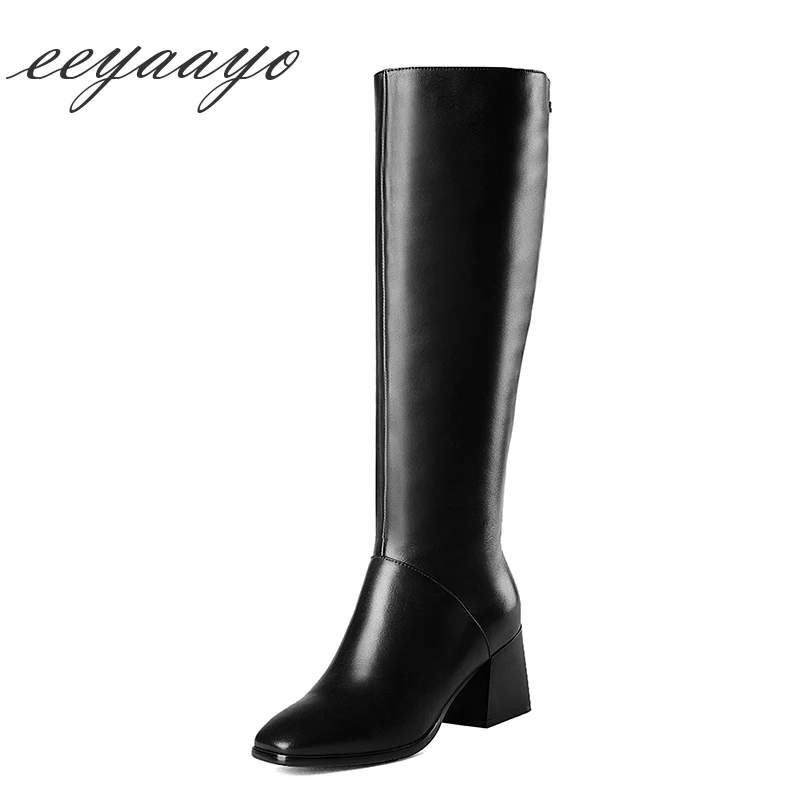 

2018 New Genuine Leather Winter Women Knee-High Boots High Heel Square Toe Zipper Sexy Ladies Women Shoes Black Long Boots