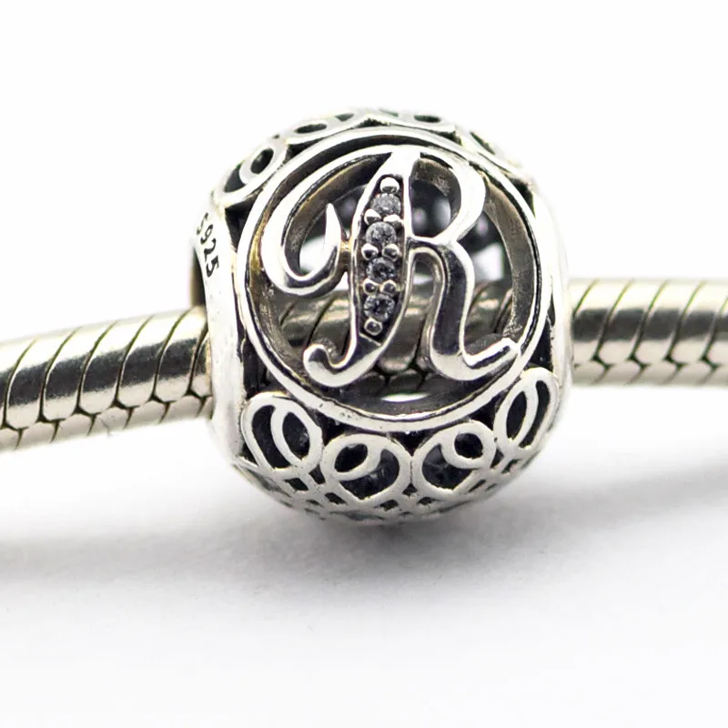 

Sterling Silver 3D Beads Charms Silve Color for European Bracelet Open Work 2016 Spring New style Jewelry Letter r