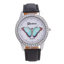 2018 новые модные женские туфли Часы Простой Стиль PU Кожаный ремешок Украшенные стразами в форме бабочки Платье с рисунком часы Бизнес