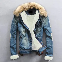 Зимняя теплая джинсовая куртка размера плюс, Мужская одежда, джинсовое пальто, мужская повседневная верхняя одежда с меховым воротником, шерстяная плотная одежда