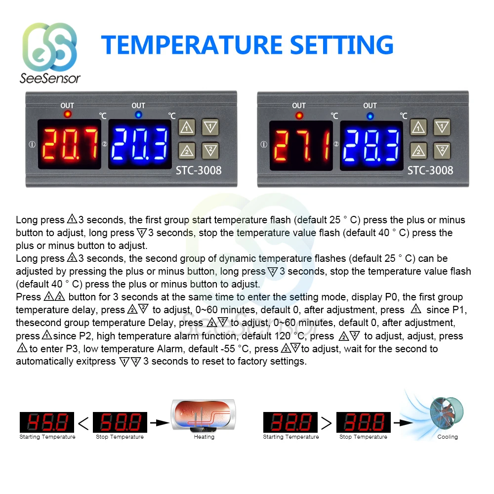 Двойной цифровой Температура контроллер два реле Выход термостат терморегулятор 10A нагревательные охладительные STC-3008 12V 24V 220V