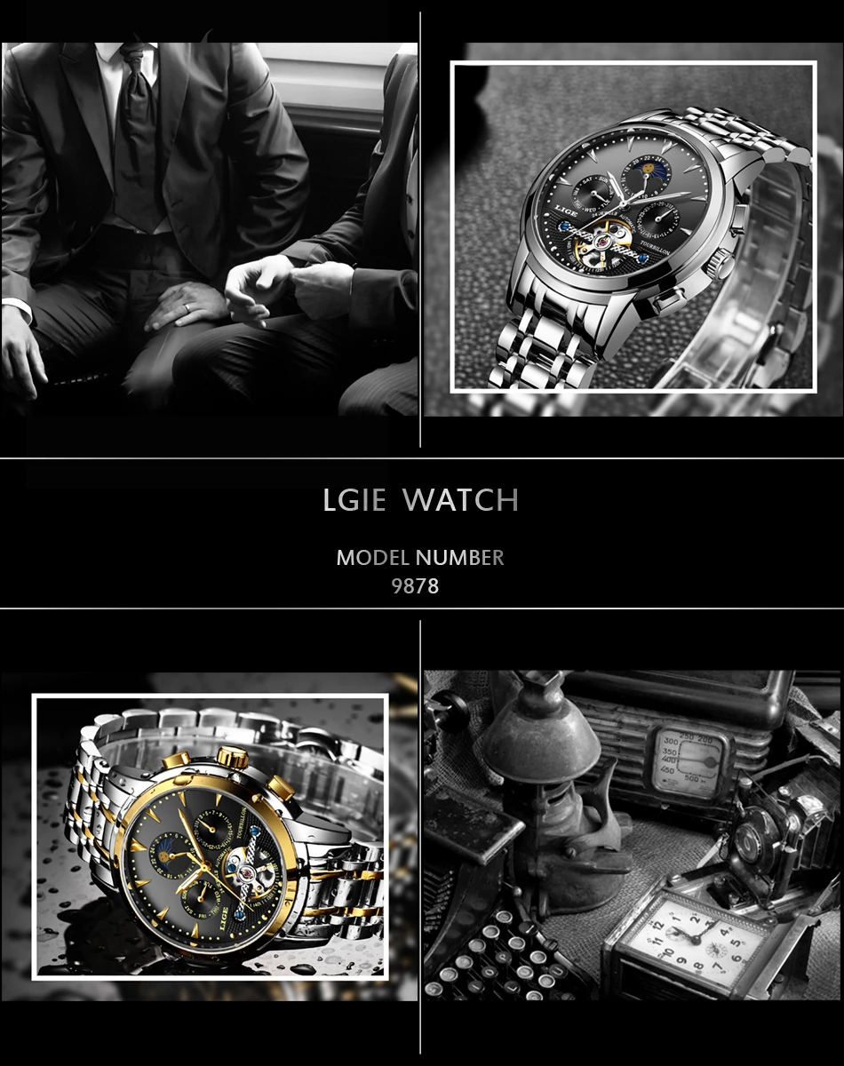 LIGE новые мужские модные кожаные автоматические механические часы с турбийоном, спортивные часы с календарем, фазой Луны, мужские часы+ коробка
