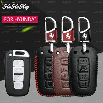 

KUKAKEY Leather Car Key Case Fob Cover For Hyundai IX35 Sonata Tucson Santafe 4 Button Remote Smart Car Key Bag Holder Shell