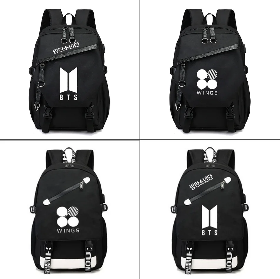 

Kpop BTS Bangtan Boys BT21 Canvas Backpack zipper Student Bookbag Leisure shoulder bag USB Charging Rucksack Men's laptop bag