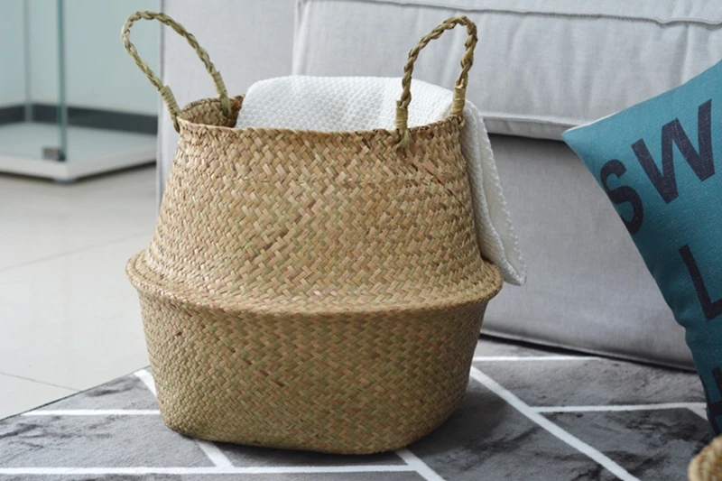 Hamdmake Flower Storage Basket pot Seagrass Rattan Laundry Basket Folding Woven Clothes Toy Sundries Home Storage Baskets