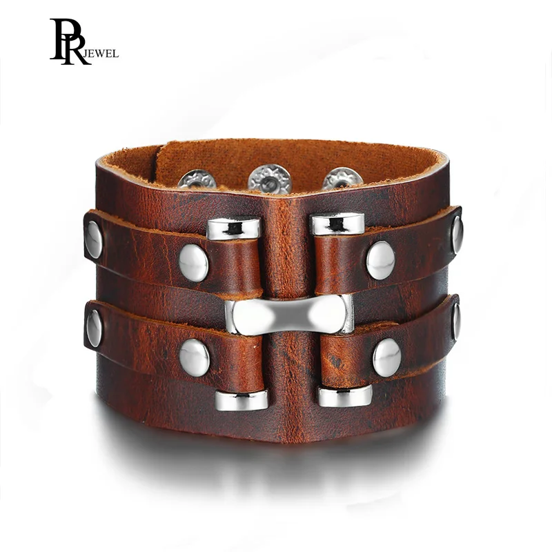 NEW Mens Wide leather Bracelet Genuine Leather Bangle