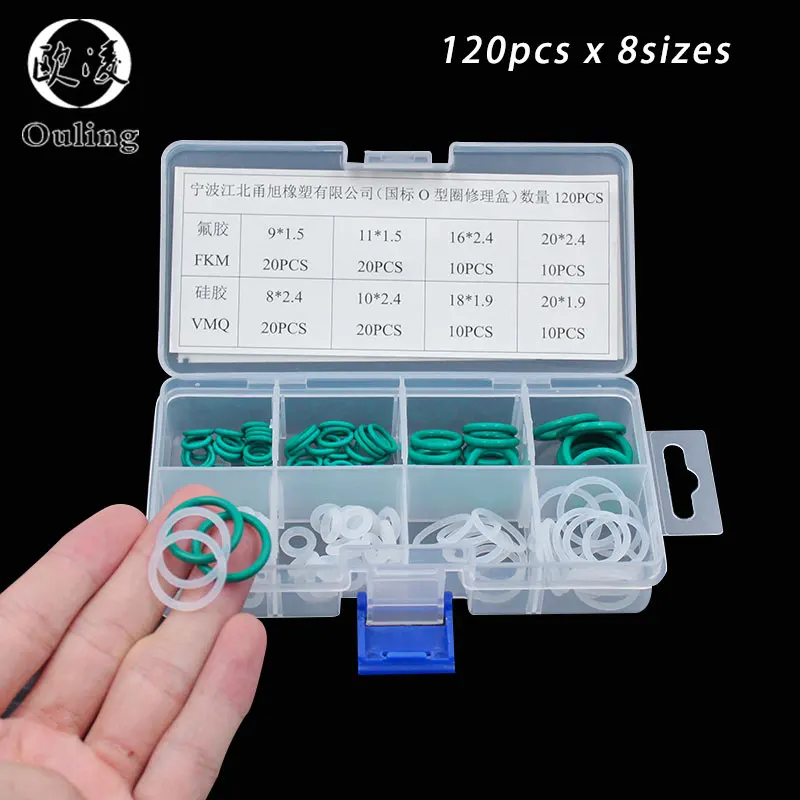 

Mini White Green 120PCS 8Sizes VMQ FKM O Ring Silicone Viton Seal Silicon Sealing Assortment O-ring Set Kit Flexible Gasket Ring