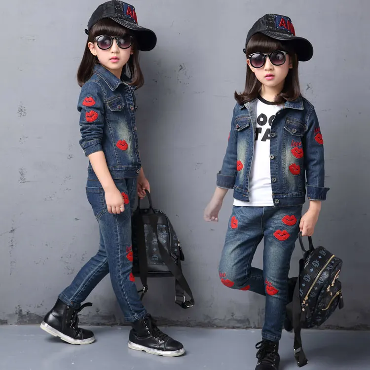 2016 Summer New Model Ultra stylish Children Clothing Girls Cowboy Sports Suit Denim Jacket Jeans Fashion