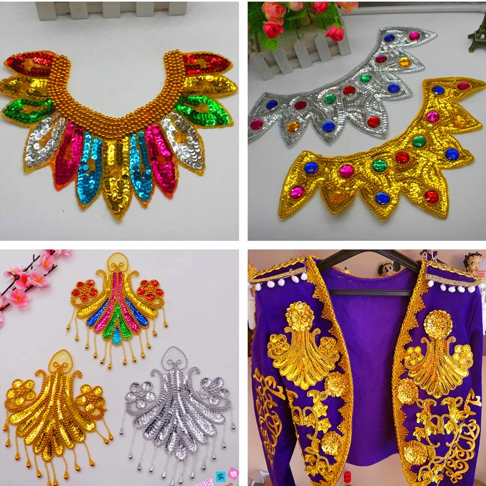 

Sequined Flower Appliques 3D Gold Beading Headwear Lace Patches Cosplay Costume Trims Mediterranean Festival Show Garment Diy