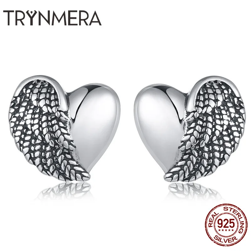 

Bijoux Brincos 925 Sterling Silver Heart Feather Wings Small Stud Earrings for Women Romantic Silver 925 Jewelry S925