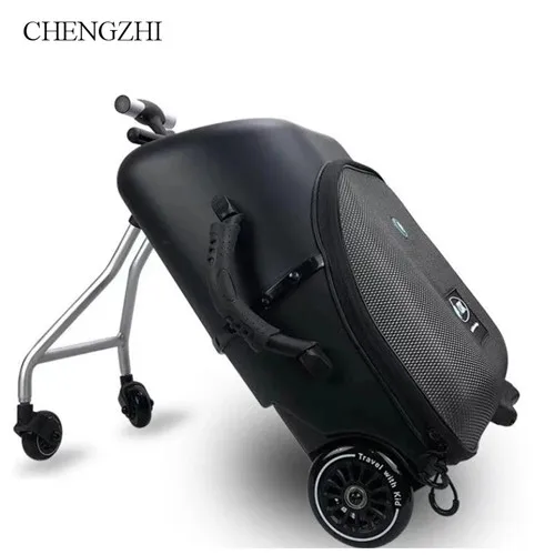 CHENGZHI дизайн 1" дюймов сумка в виде скутера ABS+ алюминиевый чемодан на колесах Rolling Чемодан путешествуете с детьми - Цвет: black