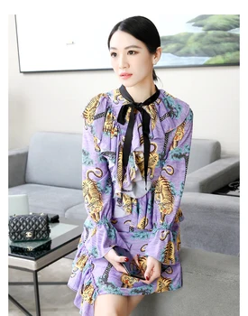 

New Tie bow printing horn repair long sleeved dress