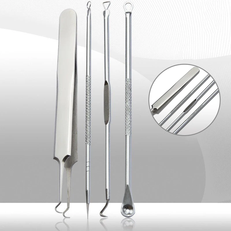 Shellhard 4pcs/Set Silver Blackhead Extractor Needle Tweezer Comedone Acne Pimple Blackhead Extractor Remover Tools Kit