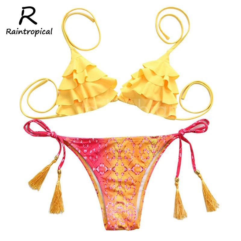 Raintropical 2019 New Sexy Bikinis Women Swimsuit High Waisted Bathi ng Suits Swim Halter Top Push Up Bikini Set Plus Size