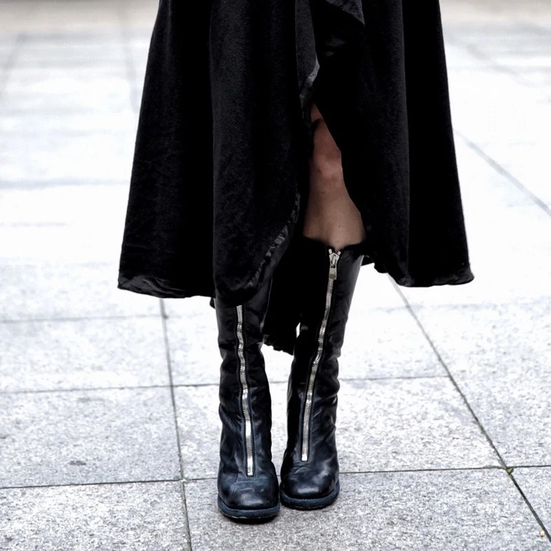 Роскошные Брендовые женские ботинки до середины икры с молнией спереди; короткие зимние ботинки на меху на низком квадратном каблуке для женщин; женская кожаная обувь в западном стиле