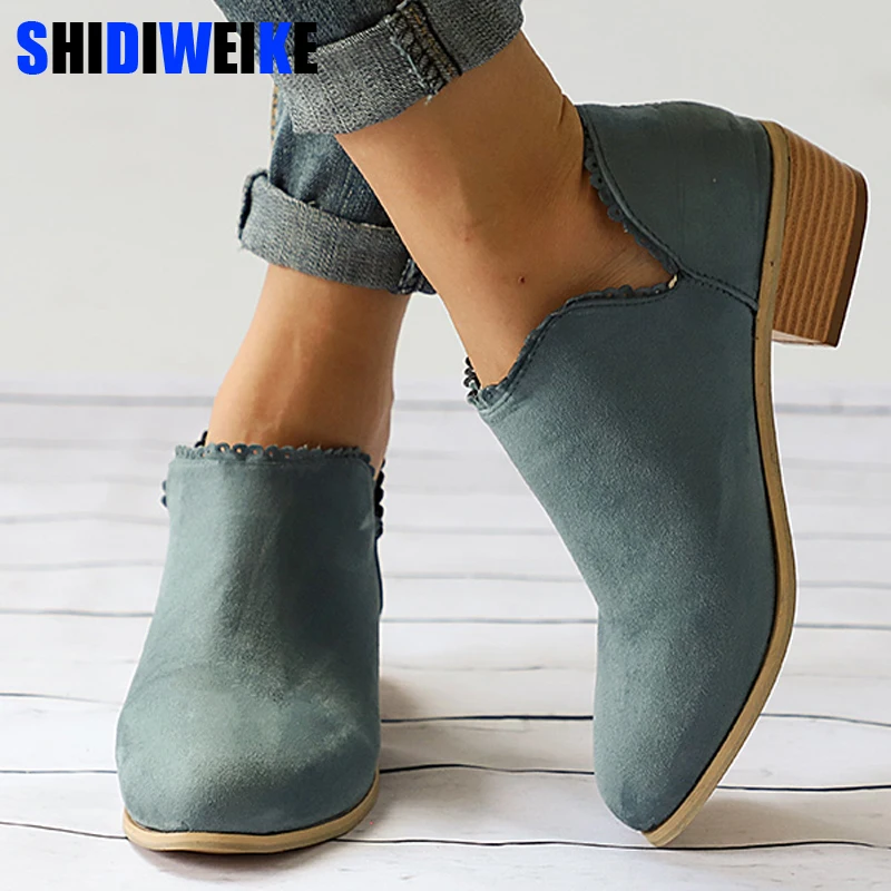

Autumn Woman Clog Heel Ankle Boots Plus Size Low Heel Shoes Fashion Slip On Female Short Boot Casual Square Heel Shoe n159