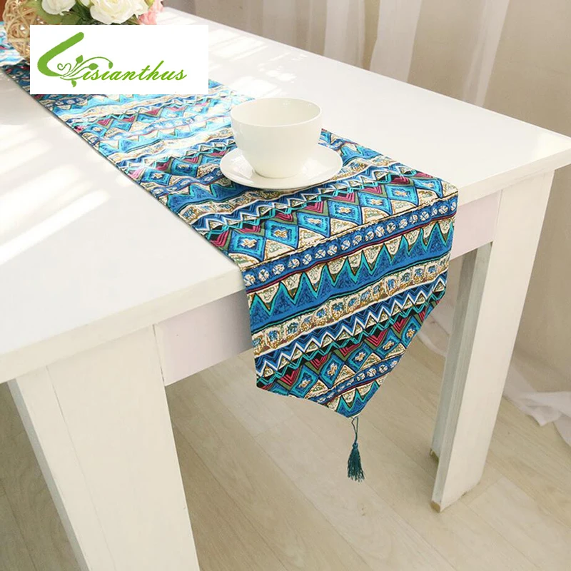 Table Runners Bohemia Geometric Wave Printed Cotton Linen Ribbon Rustic