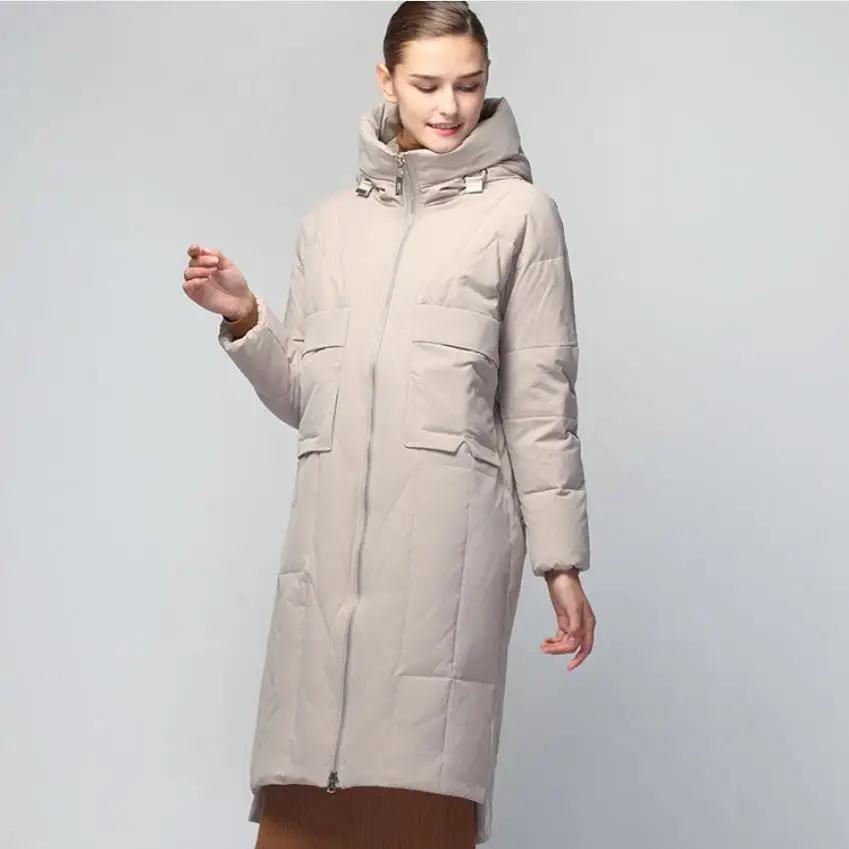 Зимняя Модная брендовая Женская куртка-пуховик выше колена на 95% белом утином пуху, тонкий теплый пуховик с капюшоном и карманами, wq621 - Цвет: champagne