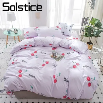 

Solstice Home Textile Girl Kid Teenage Bedding Set King Queen Single Linens Purple Cherry Duvet Cover Pillowcase Flat Bed Sheets
