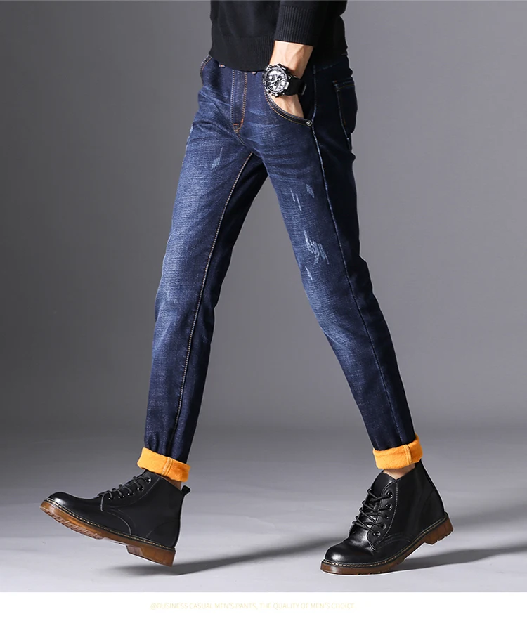 Высокое качество Для мужчин Зимние Синие джинсы Новый мужской Strtch Тонкий теплые зимние джинсы Для мужчин Smart Повседневное супертяжелом