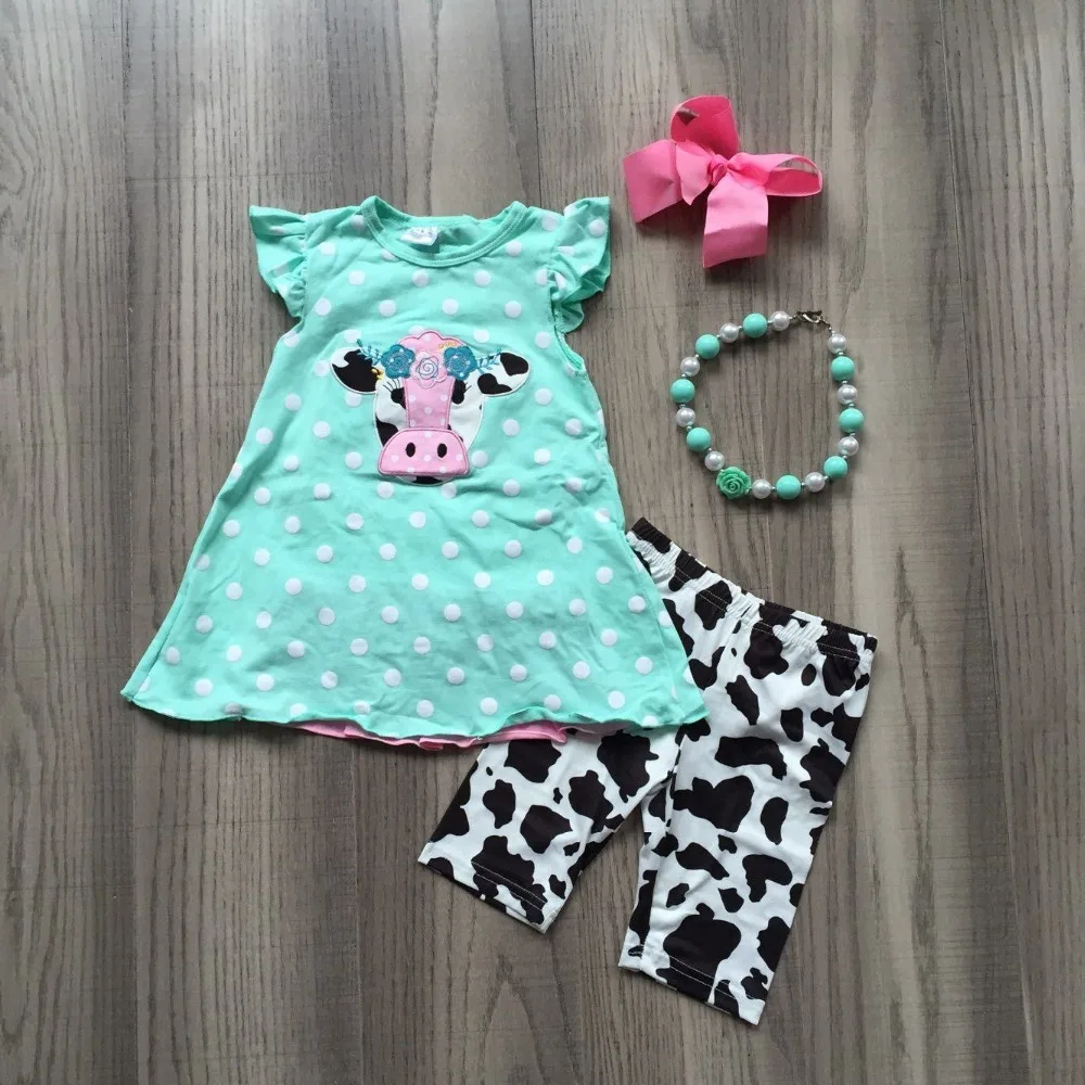 

Baby girls children clothes mint milk cow polka dot capris front & back outfits cotton ruffles boutique match accessries kids