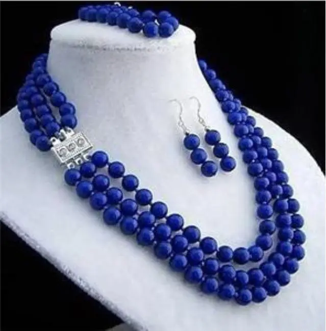 

hot sell new - Wholesale fast SHIPPING >>>> 8mm 3rows lapis lazuli necklace bracelet earring sets (A0425)