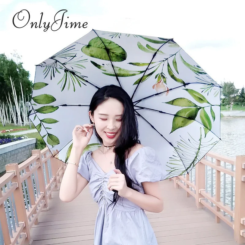 

Only Jime Green Planting Umbrella Rain and Sun Dual-use Three Folding Small Fresh Plug-in Sunscreen Anti-UV Sun Umbrella